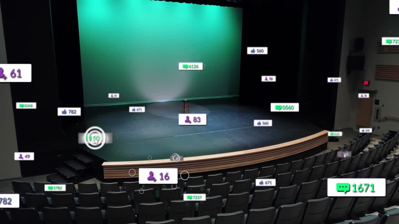 빈 강당에서 떠다니는 소셜 미디어 아이콘의 애니메이션