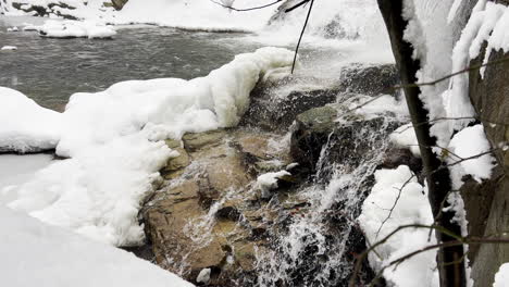 water flows down a waterfall onto rocks below surrounded by snow and ice in new england