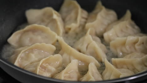 freír gyoza en la sartén con dumplings jiaozi en casa.