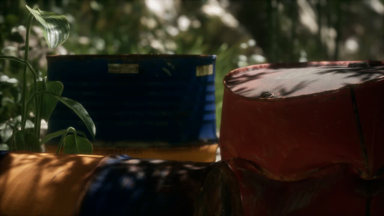 barriles oxidados en el bosque verde