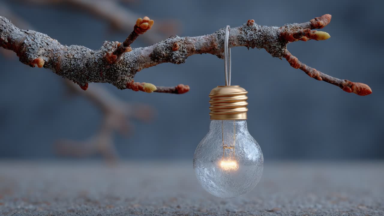 A Beautifully Illuminated Light Bulb Hangs from a Textured Branch, Creating an Enchanting Atmosphere in a Still Life Composition with a Softly Blurred Background