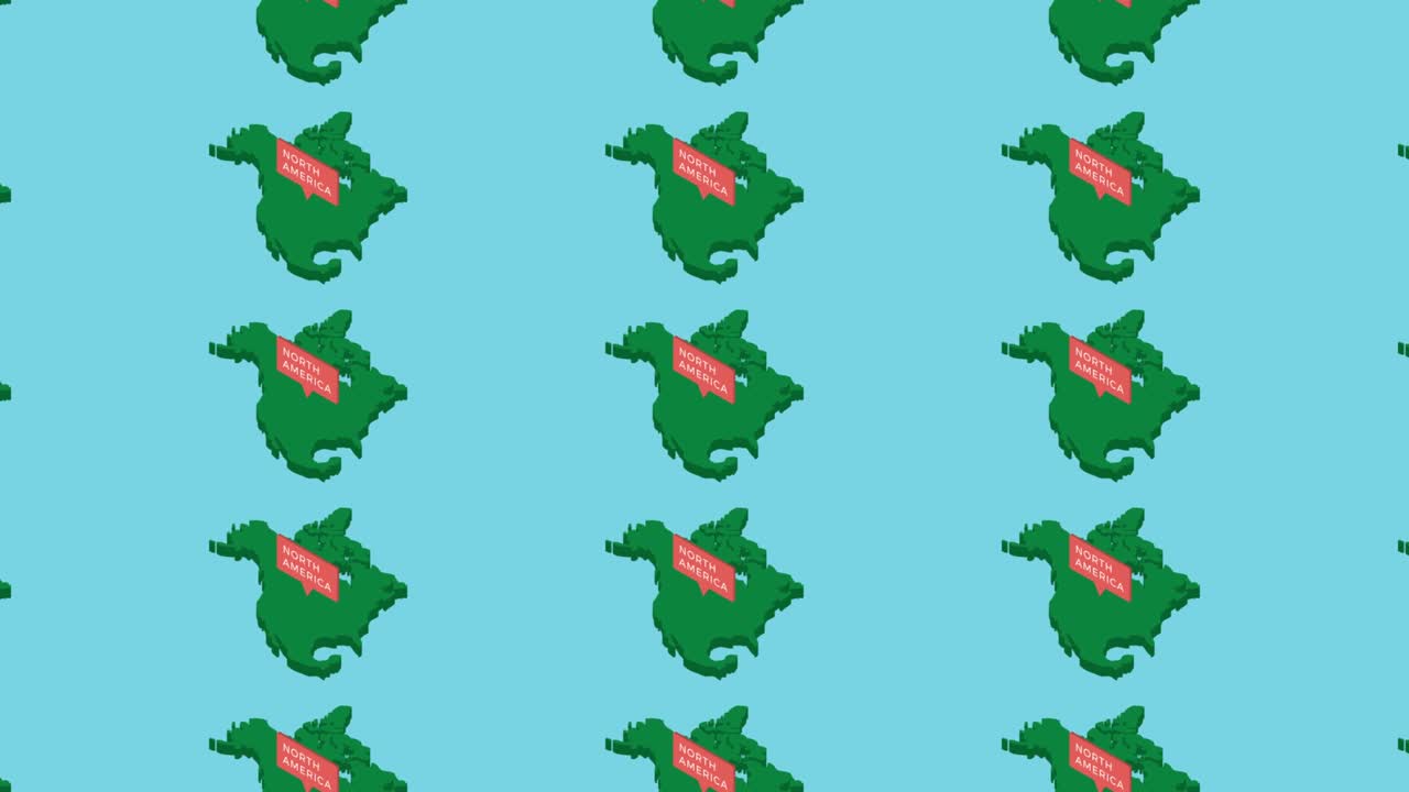 mapa isométrico verde del continente de américa del norte con puntero naranja sobre un fondo azul. movimiento horizontal de bucle sin costuras del concepto de mapa geográfico 3d falso