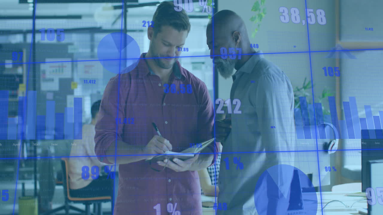 Animation of statistical data processing against two diverse men discussing at office