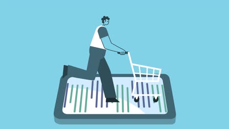 correr con el carrito de compras en el teléfono inteligente chat gráfico diseño plano hombre audaz personaje de dibujos animados bucle aislado animación 2d