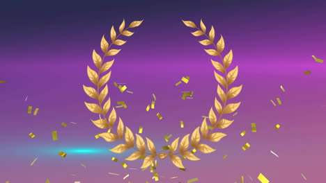 animation of gold victory laurel and confetti on purple background