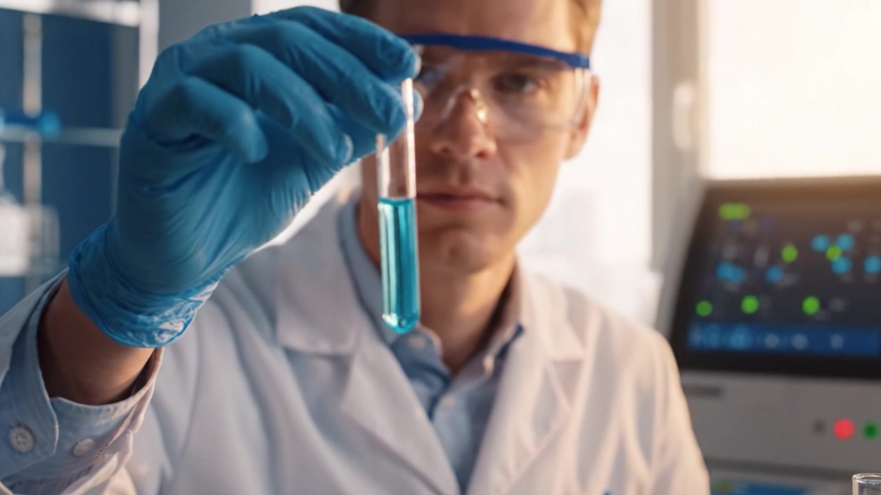 Scienziato che conduce esperimenti di precisione in laboratorio con provette e attrezzature scientifiche, concentrandosi su reazioni chimiche e procedure di analisi