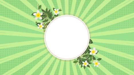 White-circle-with-leaves-and-flowers-over-rotating-green-strips