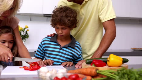 Mutter-Zeigt-Ihrer-Tochter,-Wie-Man-Mit-Ihrer-Familie-Gemüse-Schneidet