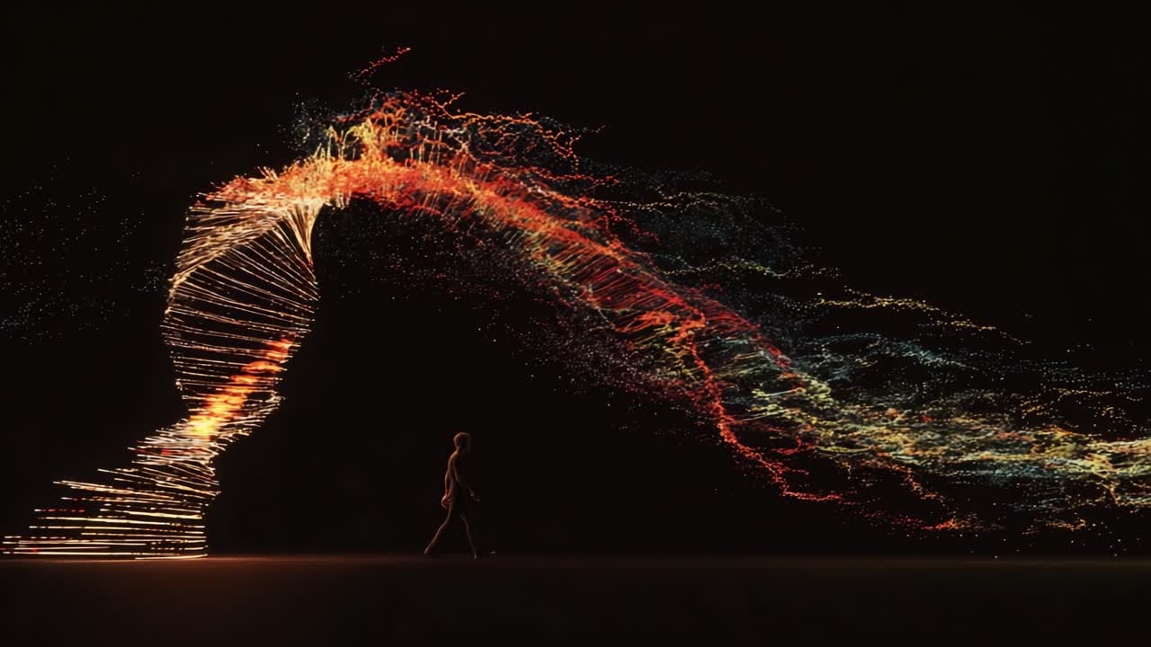 A mesmerizing display of light and color as an individual walks alongside a stunning, flowing digital wave, representing the harmony of technology and human experience in an abstract artistic journey