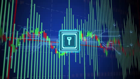 key symbol over fluctuating stock market graph and data analysis animation