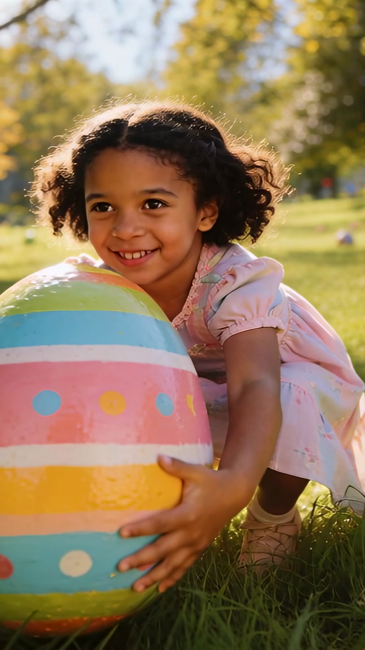 Vertical video: Spotting pastel egg, girl in pink dress pulling, hugging, rolling in park playing