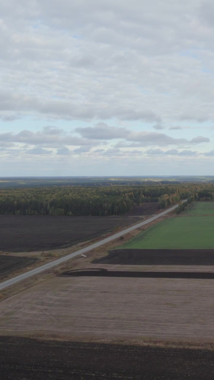 Drone footage of patchwork agricultural fields, forest edge, and a straight country road stretching to the horizon under an overcast sky, calm rural landscape
