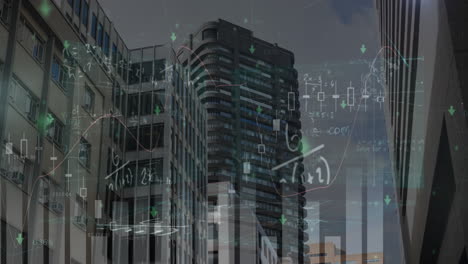 animación de fórmulas matemáticas en movimiento sobre el paisaje urbano