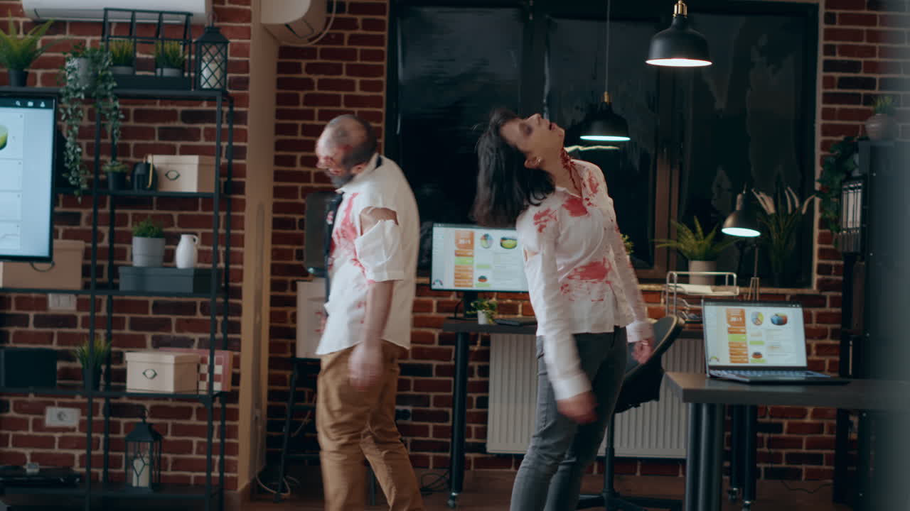Apocalyptic bizarre looking zombies wandering inside office workspace