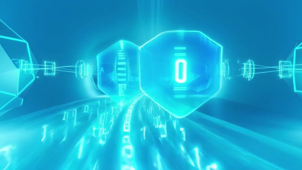 Digital Data Stream Flowing Through Futuristic Geometric Tunnel
