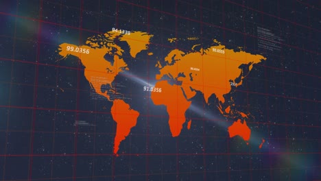 Animation-of-numbers-floating-over-world-map-against-data-processing-on-black-background