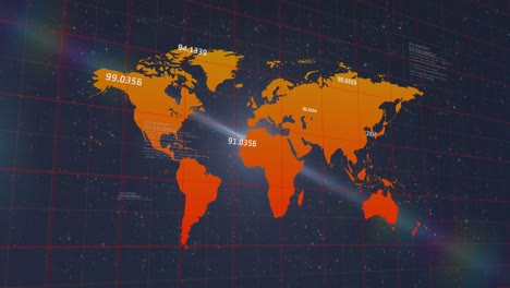 Animación-De-Números-Flotando-Sobre-El-Mapa-Mundial-Contra-El-Procesamiento-De-Datos-Sobre-Fondo-Negro