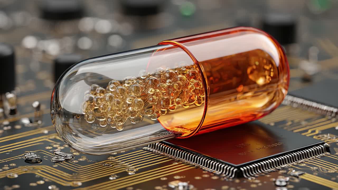 A Close-Up View of a Transparent Capsule Filled with Bubbles on a Circuit Board Highlighting the Intersection of Technology and Pharmaceuticals