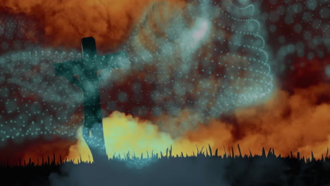 glowing particles forming cross silhouette against dramatic orange sky background