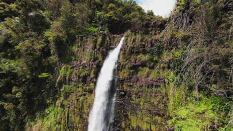 Ascending-aerial-fpv-flight-showing-gigantic-waterfall-surrounded-by-green-forest-trees-and-mountains-in-nature-of-Hawaii-during-sunny-day