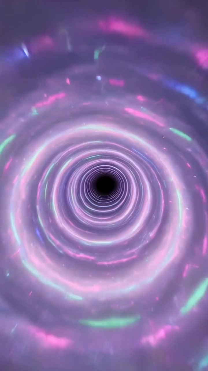 Vertical video: Changing frames, vortex rings moving into black void with streaks, for depth