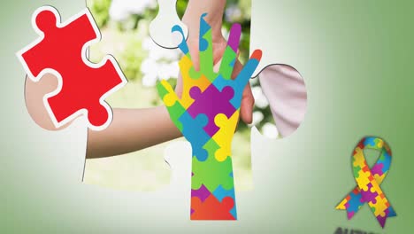 Animation-of-colourful-puzzle-pieces-hand-over-mother-and-child