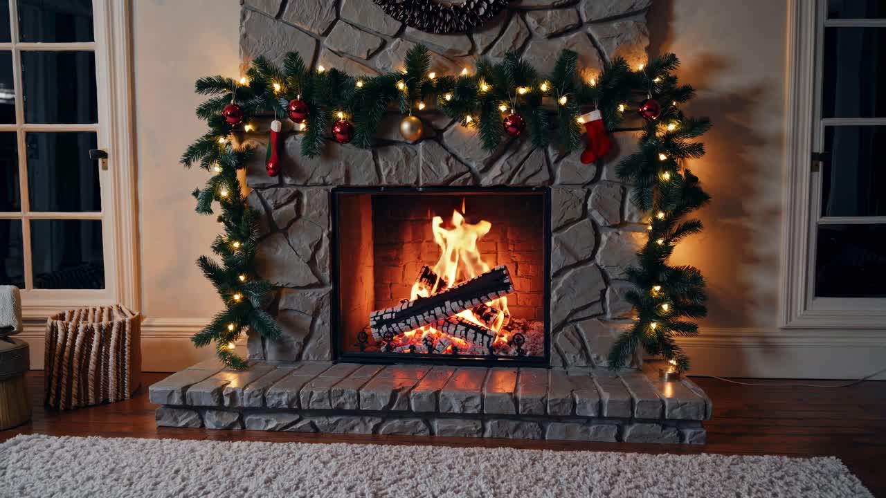 Cozy fireplace with festive garland and stockings, captured from a straight-on angle