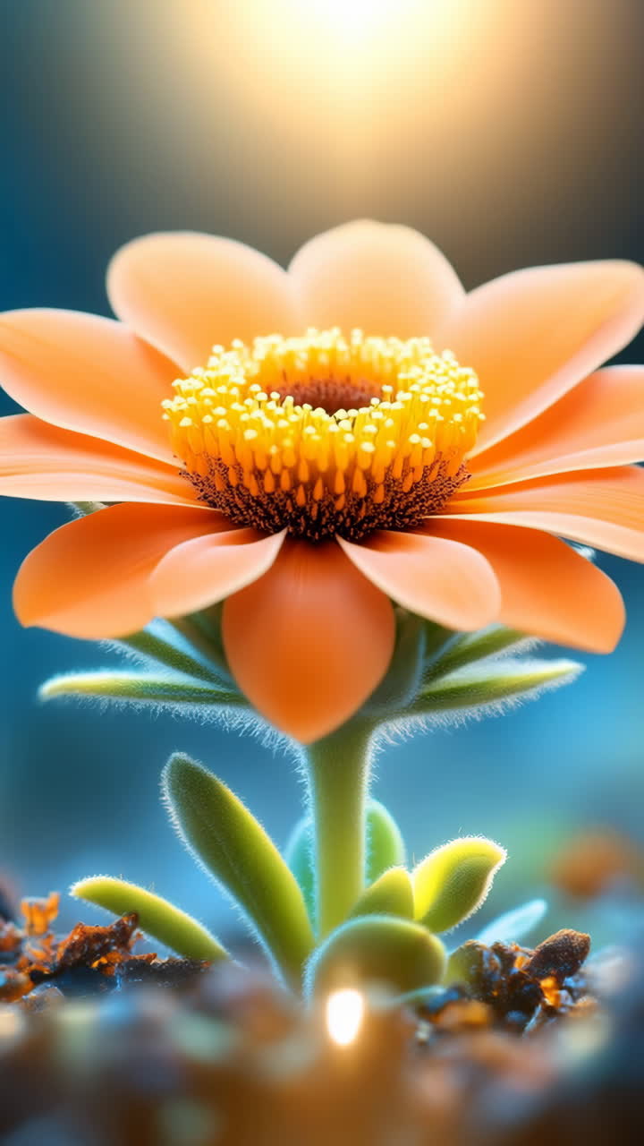 Orange flower blooming. A vibrant orange flower blooms under bright light, surrounded by soft green leaves and soil, showcasing nature's beauty.