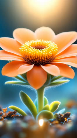 orange flower blooming. a vibrant orange flower blooms under bright light, surrounded by soft green leaves and soil, showcasing nature's beauty.