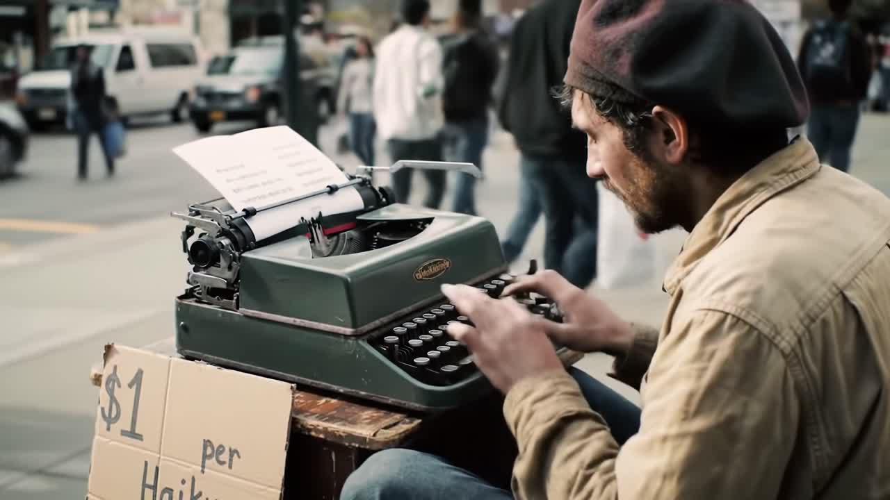A Street Performer Typing Original Poetry for Passersby on a Vintage Typewriter, Offering Unique 1-Dollar Creations in a Bustling Urban Setting