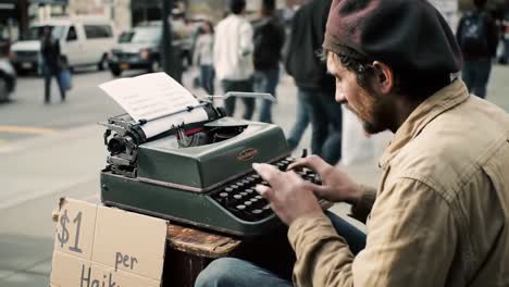 a street performer typing original poetry for passersby on a vintage typewriter, offering unique 1-dollar creations in a bustling urban setting