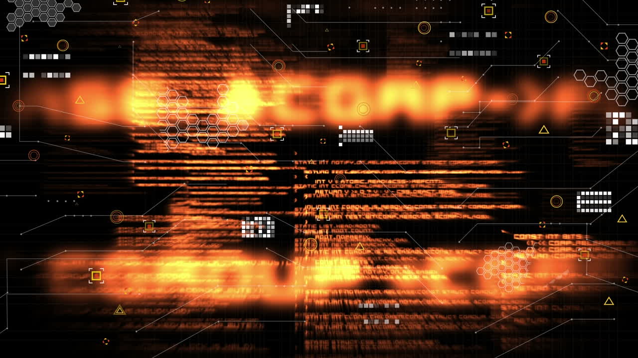 Animation of data processing and icons on black digital screen