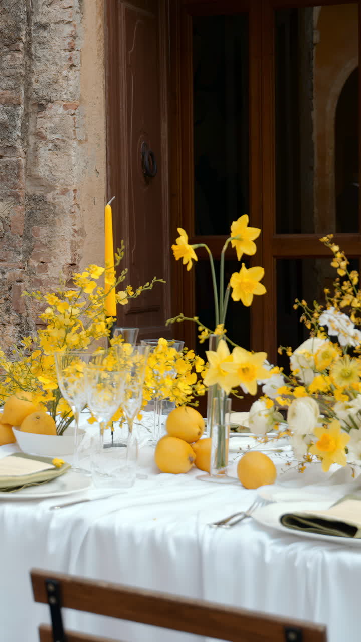 Elegant Table Setting with Yellow Floral Arrangements and Lemons