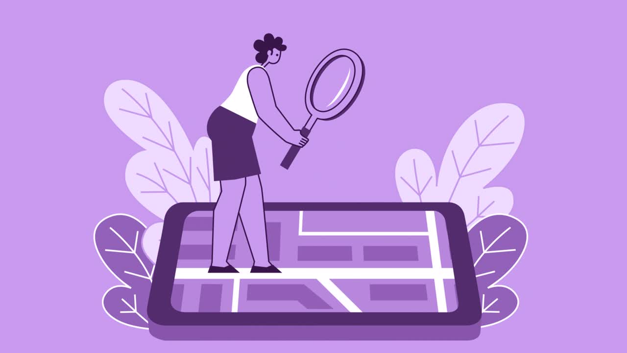 Purple Style Woman Flat Character Walking on Smartphone with Magnifying Glass. Isolated Loop Animation with Alpha Channel