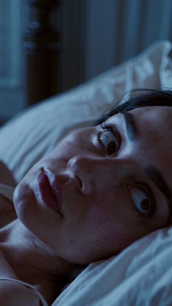 Close-up video shot of a person lying in bed, wide-eyed, with dramatic lighting creating a tense