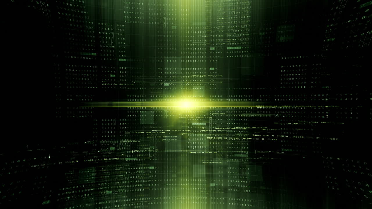 Futuristic abstract de-focus Metaverse data matrix, meta, telemetry and encrypt numbers display with particles simulation in cyber space environment for HUD loop background