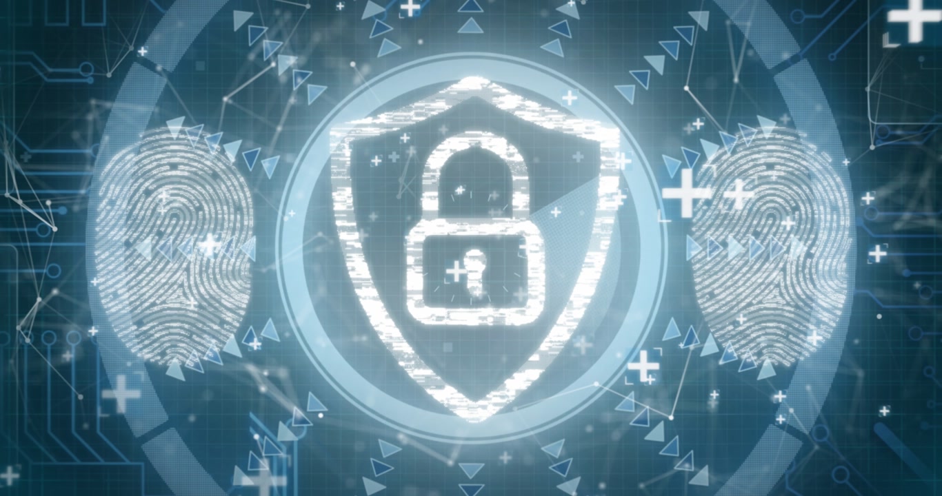 Animation of security padlock icon and biometric fingerprint scanner against round scanner