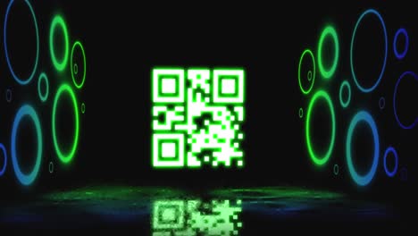 Animation-of-flickering-neon-green-qr-code-scanner-and-circular-shapes-against-black-background