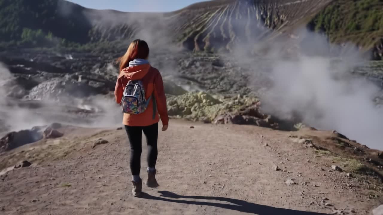 A woman walks along a rocky path in a volcanic area in Indonesia, surrounded by dramatic landscapes and steam vents. The early morning light enhances the natural beauty of this unique environment.