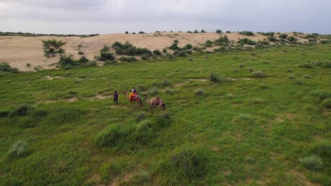 cinematic 4k aerial view of tourist riding a dromedary through thar desert with guide in private tour