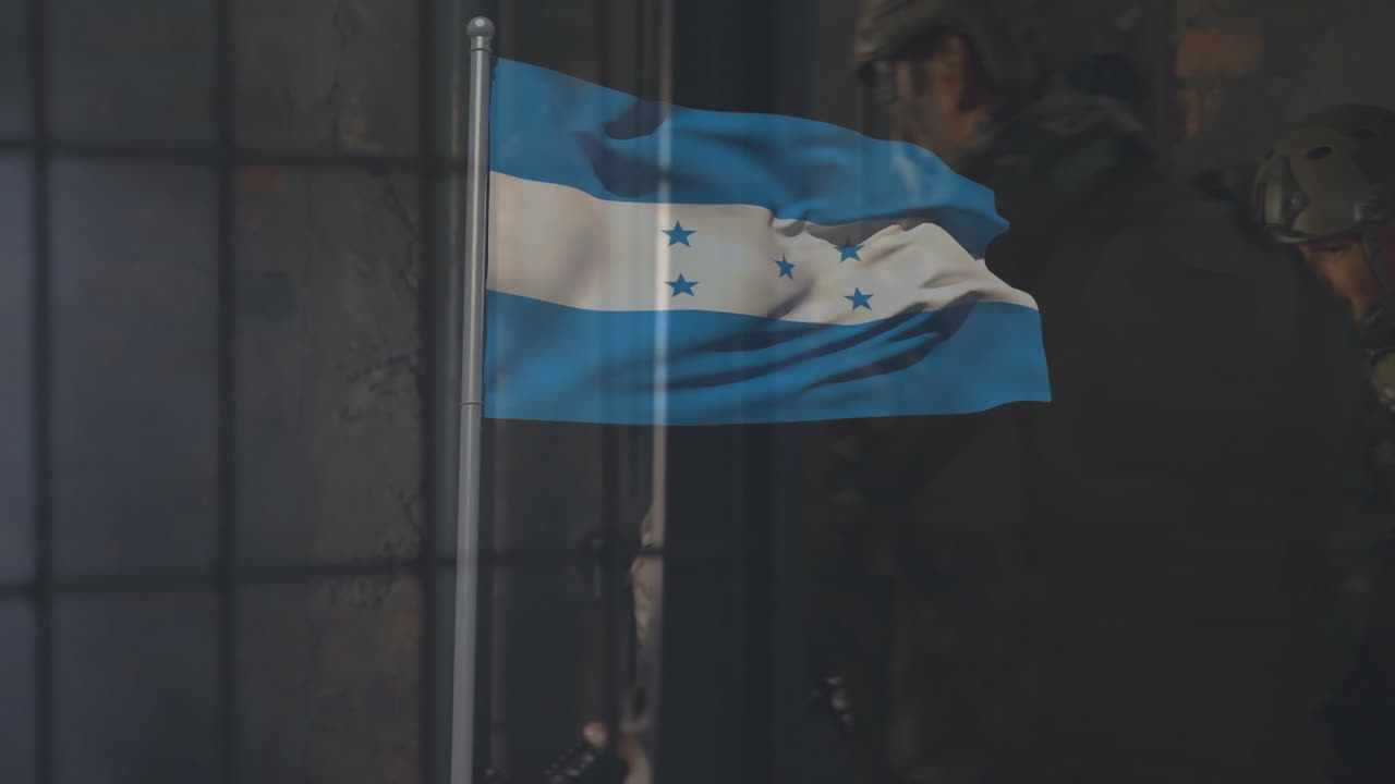 Honduran flag overlaying soldiers holding rifles in tactical gear indoors