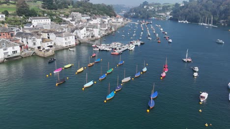 colourful sailboats moored fowey cornwall uk drone,aerial