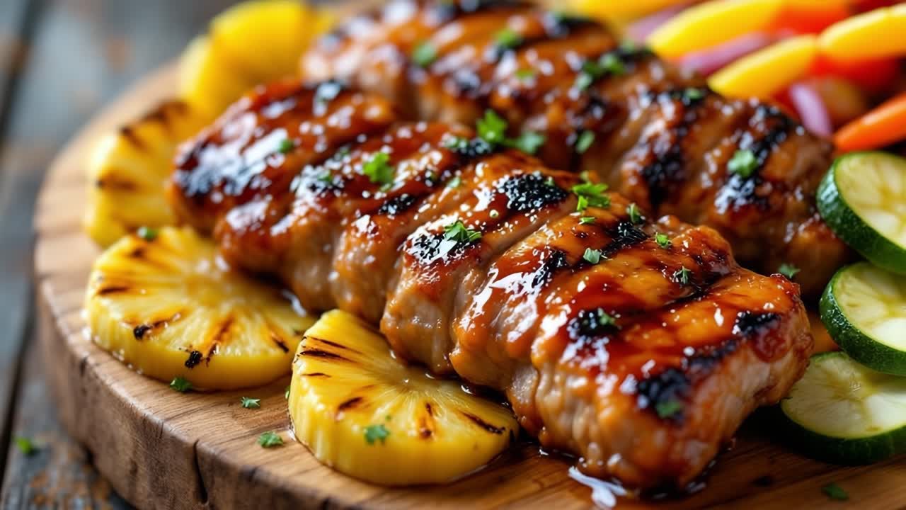Grilled pork tenderloin slices accompanied by caramelized pineapple, zucchini, and fresh parsley atop rustic wooden surface