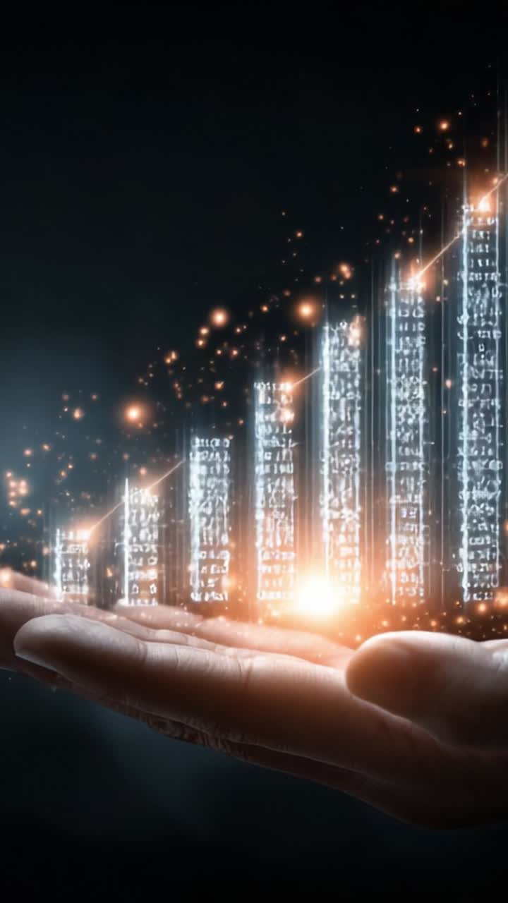 Rappresentazione visiva di crescita e progresso: una mano che tiene in mano un grafico a barre luminoso che simboleggia dati, analisi e successo aziendale su uno sfondo scuro