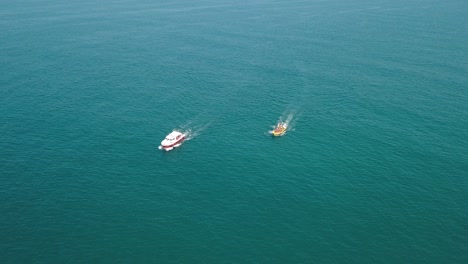 Aerial:-tour-boats-following-pod-of-dolphins-off-Cornwall-coastline,-UK