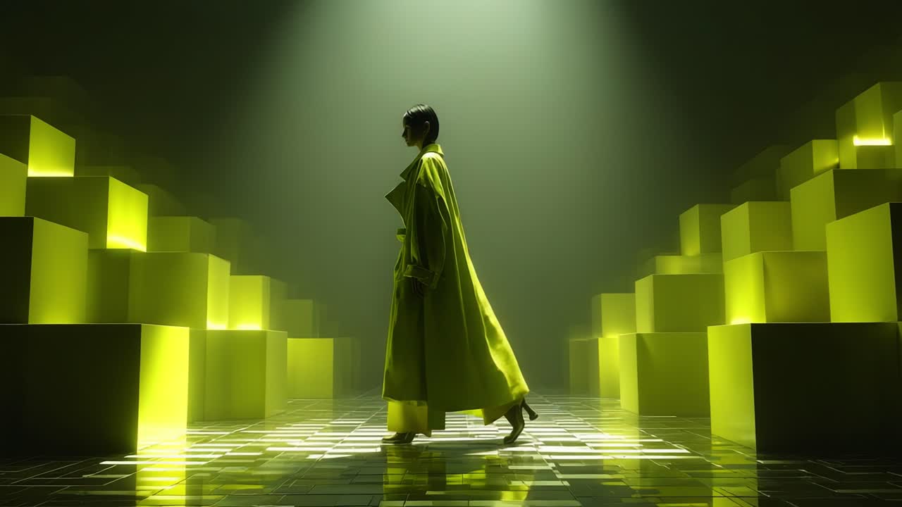 En model fremviser en slående silhuet i en æterisk atmosfære, iført en livlig gul trenchcoat, mens hun går gennem et visuelt imponerende sæt af belyste grønne strukturer