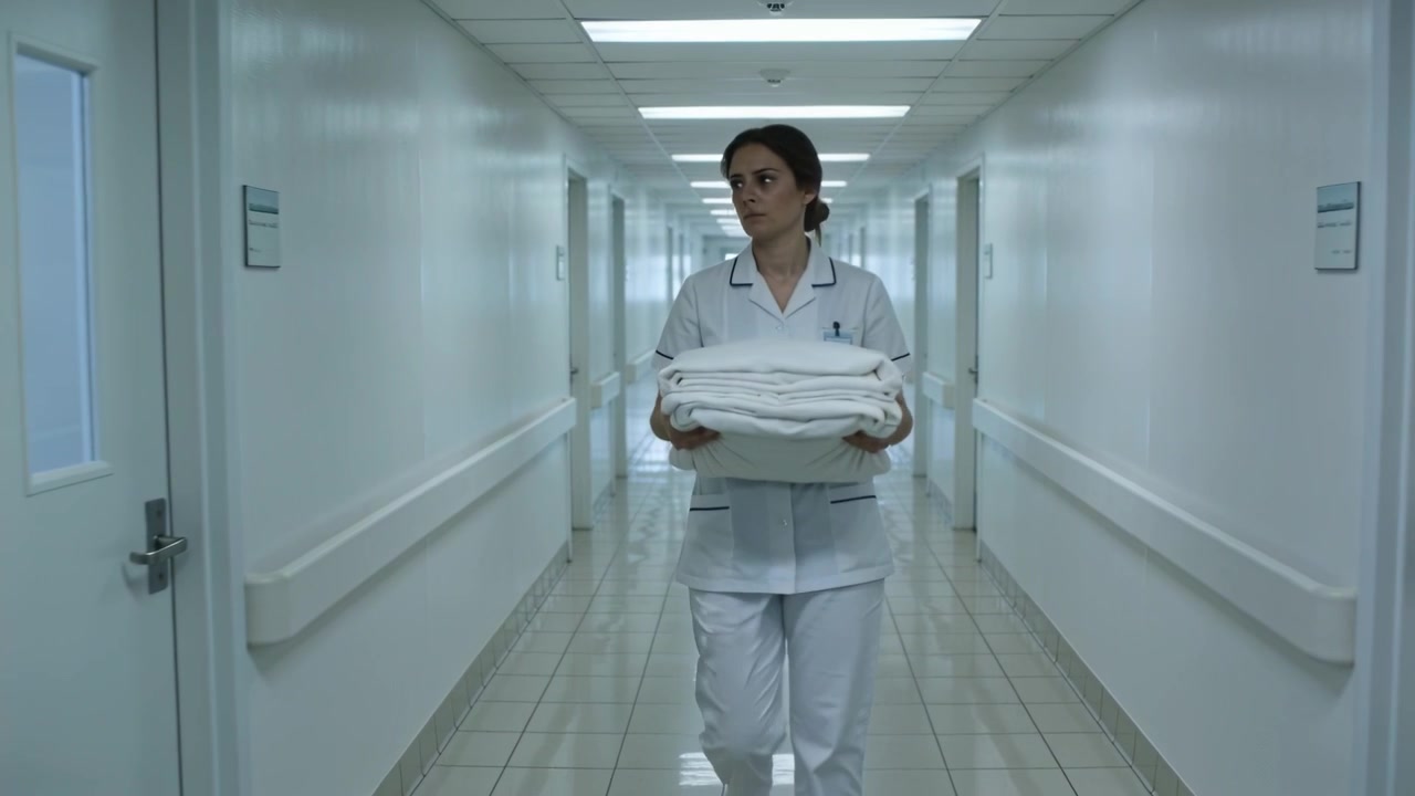 Infermiera in uniforme bianca che cammina lungo un corridoio d'ospedale trasportando biancheria bianca piegata verso una porta a sinistra