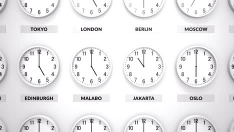 round clocks with white body show different time zones on white wall.