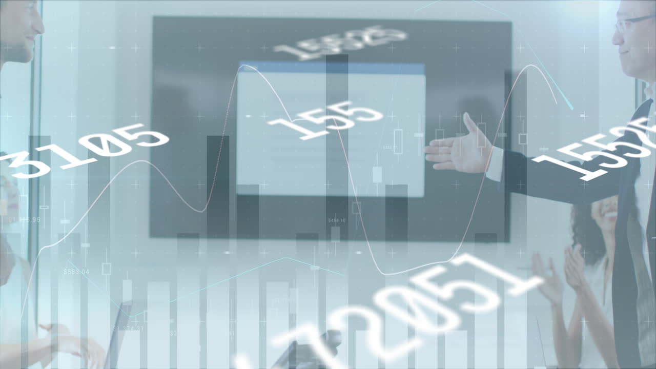 금융 데이터 처리와 번호 변경 두 사업가 사무실에서 손을 흔드는 것에 대해