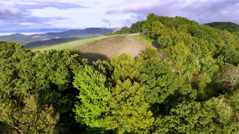 Treetop-aerial-over-ridge-in-summer-near-Boone-NC,-North-Carolina